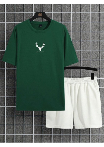 Geyik Logo T-Shirt Şort - Nefti Yeşil Beyaz Alt Üst Takım Şort Tişört Kombin Baskılı Bisiklet Yaka