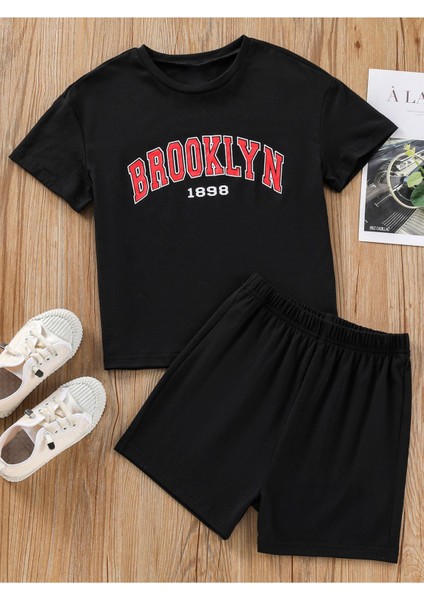 Brooklyn 1898 T-Shirt Şort - Siyah Alt Üst Takım Şort Tişört Kombin Baskılı Bisiklet Yaka