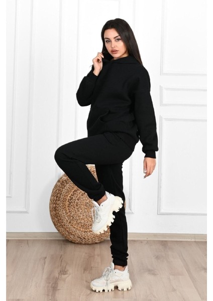 Basic Düz Eşofman Takımı Sweatshirt Jogger - Siyah Oversize Şardonlu Kapüşonlu