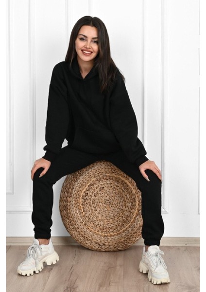 Basic Düz Eşofman Takımı Sweatshirt Jogger - Siyah Oversize Şardonlu Kapüşonlu