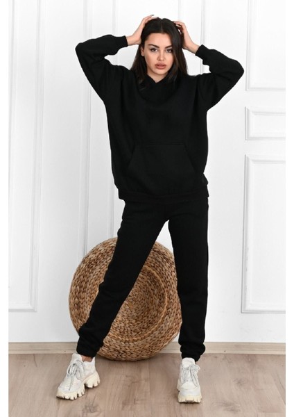 Basic Düz Eşofman Takımı Sweatshirt Jogger - Siyah Oversize Şardonlu Kapüşonlu