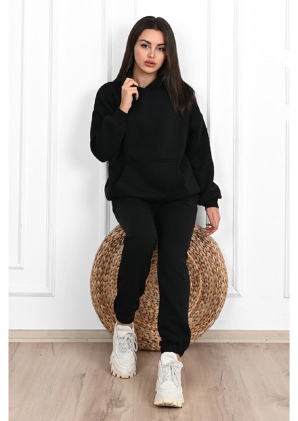 Basic Düz Eşofman Takımı Sweatshirt Jogger - Siyah Oversize Şardonlu Kapüşonlu