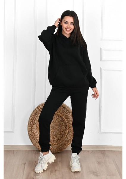 Basic Düz Eşofman Takımı Sweatshirt Jogger - Siyah Oversize Şardonlu Kapüşonlu