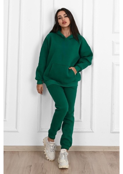 Basic Düz Eşofman Takımı Sweatshirt Jogger - Nefti Yeşil Oversize Şardonlu Kapüşonlu