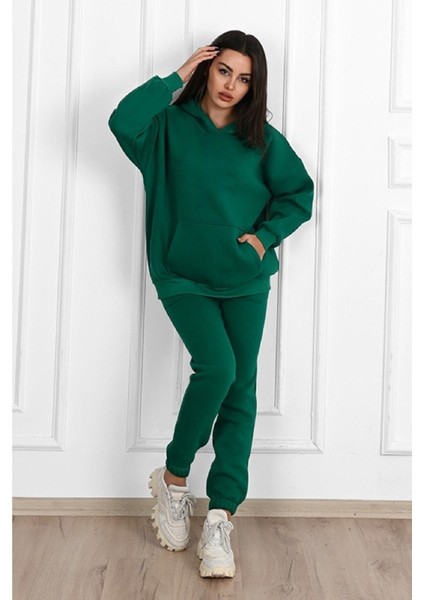 Basic Düz Eşofman Takımı Sweatshirt Jogger - Nefti Yeşil Oversize Şardonlu Kapüşonlu