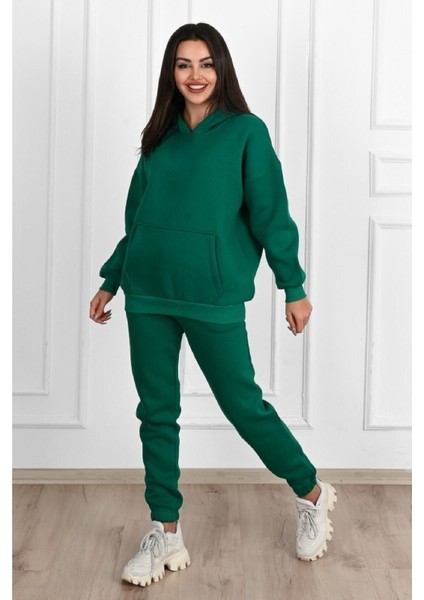 Basic Düz Eşofman Takımı Sweatshirt Jogger - Nefti Yeşil Oversize Şardonlu Kapüşonlu