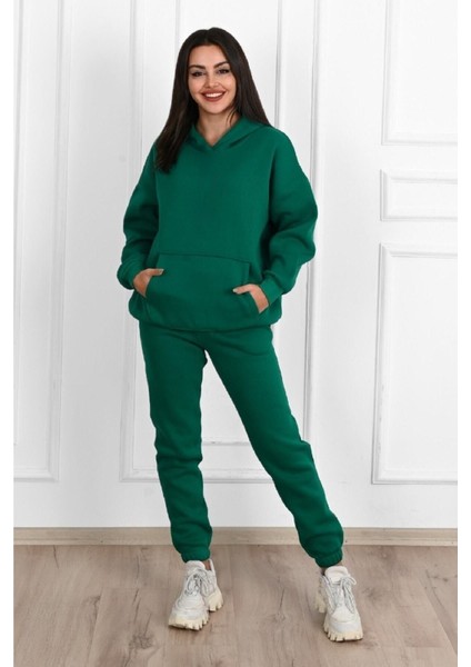 Basic Düz Eşofman Takımı Sweatshirt Jogger - Nefti Yeşil Oversize Şardonlu Kapüşonlu