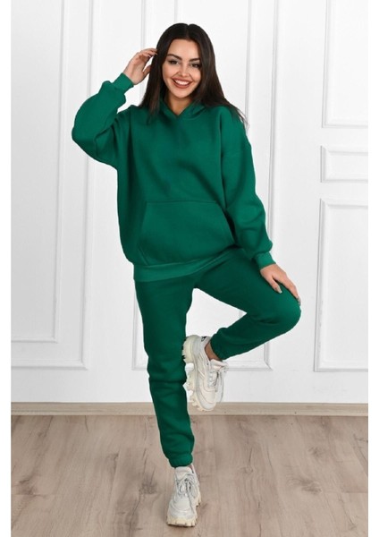 Basic Düz Eşofman Takımı Sweatshirt Jogger - Nefti Yeşil Oversize Şardonlu Kapüşonlu