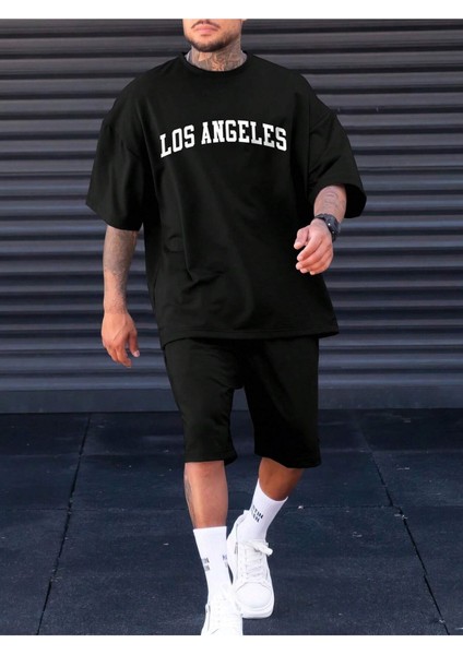 Los Angeles T-Shirt Şort - Siyah Alt Üst Takım Şort Tişört Kombin Baskılı Bisiklet Yaka