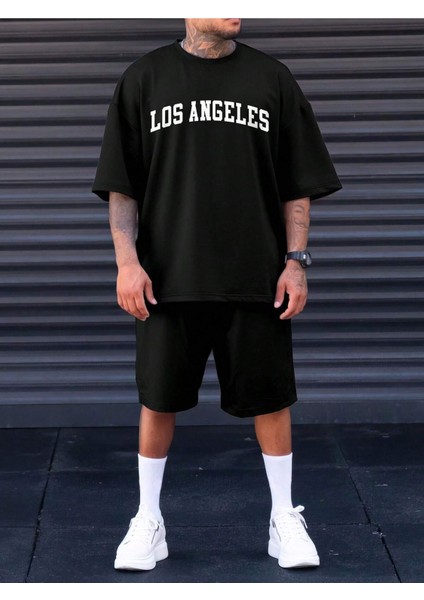 Los Angeles T-Shirt Şort - Siyah Alt Üst Takım Şort Tişört Kombin Baskılı Bisiklet Yaka modelleri