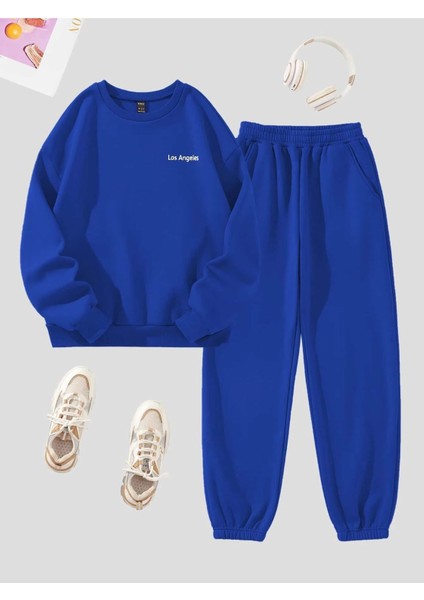 Los Angeles Mini Eşofman Takımı Sweatshirt Jogger - Sax Mavi Baskılı Oversize Şardonlu Bisiklet Yaka