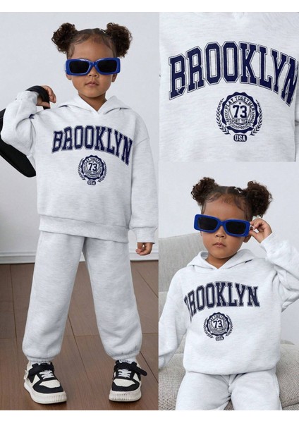 Brooklyn Baskılı Pamuk Çocuk Kapüşonlu Takım - Gri Jogger Baskılı Kız Erkek Çocuk modelleri