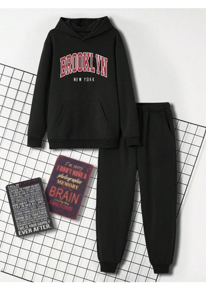 Siyah Baskılı Oversize Şardonlu Kapüşonlu