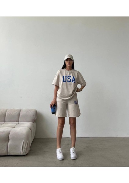 Usa T-Shirt Şort - Alt Üst Takım Şort Tişört Kombin Baskılı Bisiklet Yaka