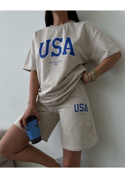 Usa T-Shirt Şort - Alt Üst Takım Şort Tişört Kombin Baskılı Bisiklet Yaka