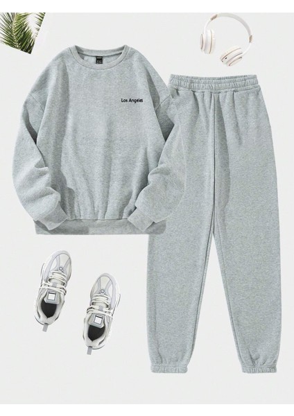 Los Angeles Mini Eşofman Takımı Sweatshirt Jogger - Gri Baskılı Oversize Şardonlu Bisiklet Yaka