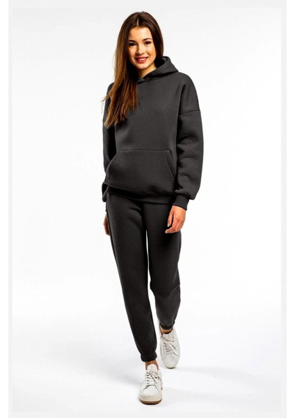 Basic Düz Eşofman Takımı Sweatshirt Jogger - Antrasit Oversize Şardonlu Kapüşonlu