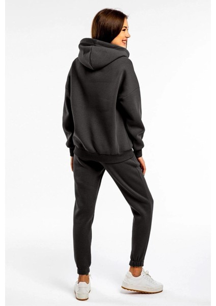 Basic Düz Eşofman Takımı Sweatshirt Jogger - Antrasit Oversize Şardonlu Kapüşonlu