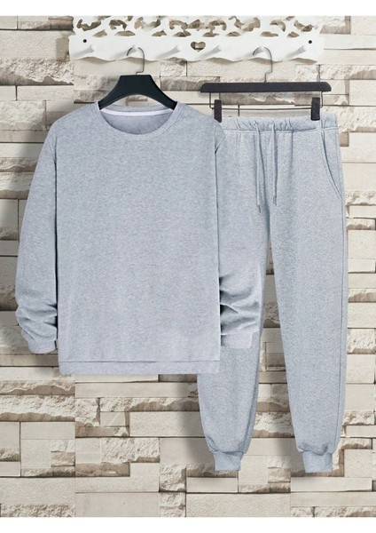 Basic Düz Eşofman Takımı Sweatshirt Jogger - Gri Oversize Şardonlu Bisiklet Yaka