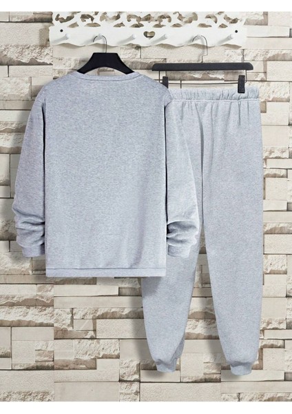 Basic Düz Eşofman Takımı Sweatshirt Jogger - Gri Oversize Şardonlu Bisiklet Yaka