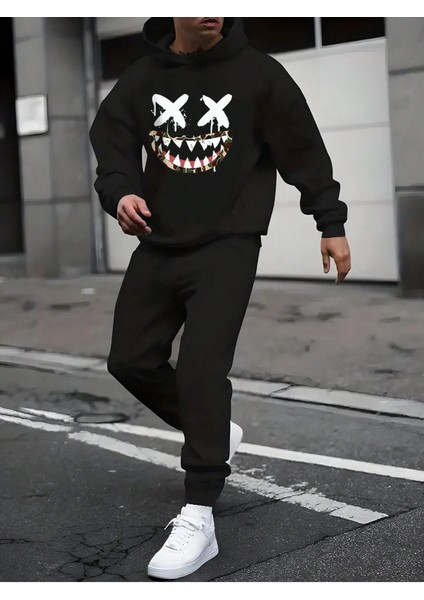 x x Yüz Eşofman Takımı Sweatshirt Jogger Siyah Baskılı Oversize Şardonlu Kapüşonlu