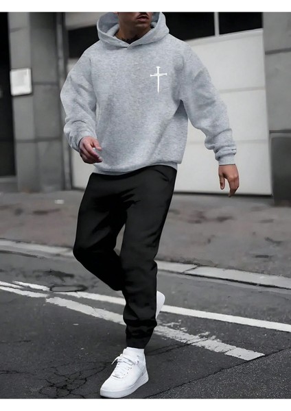 Kılıç Logo Eşofman Takımı Gri Sweatshirt Siyah Jogger - Baskılı Oversize Şardonlu Kapüşonlu