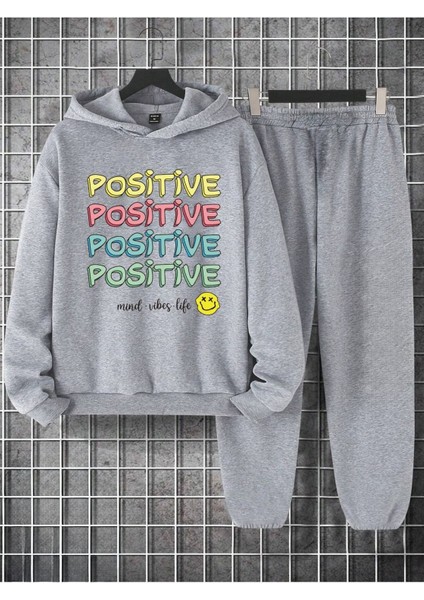 Positive Eşofman Takımı Sweatshirt Jogger - Gri Baskılı Oversize Şardonlu Kapüşonlu