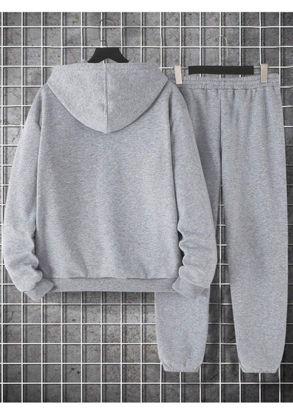 Positive Eşofman Takımı Sweatshirt Jogger - Gri Baskılı Oversize Şardonlu Kapüşonlu