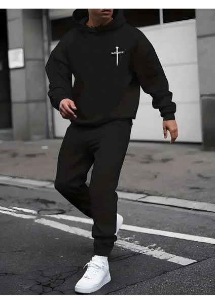 Kılıç Logo Eşofman Takımı Sweatshirt Jogger - Siyah Baskılı Oversize Şardonlu Kapüşonlu