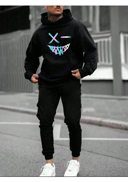 Renkli x - Yüz Eşofman Takımı Sweatshirt Jogger - Siyah Baskılı Oversize Şardonlu Kapüşonlu