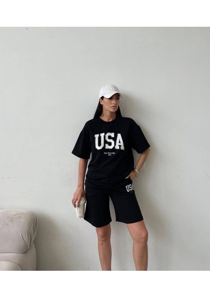 Usa T-Shirt Şort - Alt Üst Takım Şort Tişört Kombin Baskılı Bisiklet Yaka