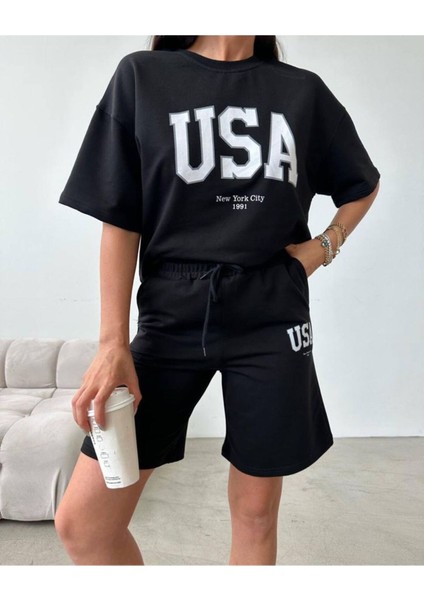 Usa T-Shirt Şort - Alt Üst Takım Şort Tişört Kombin Baskılı Bisiklet Yaka