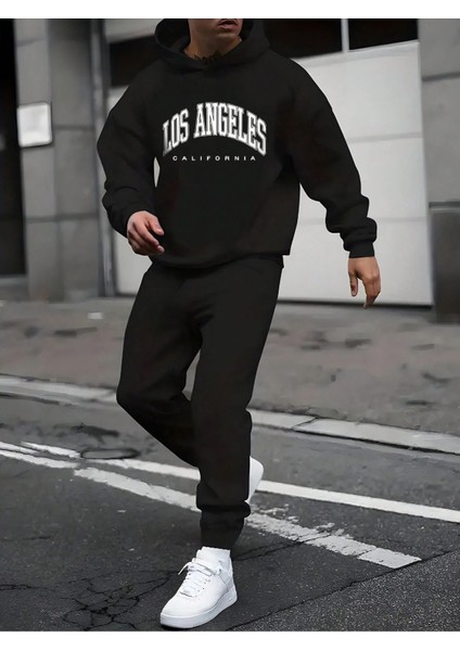 Los Angeles California Eşofman Takımı Sweatshirt Jogger - Siyah Baskılı Oversize Şardonlu Kapüşonlu