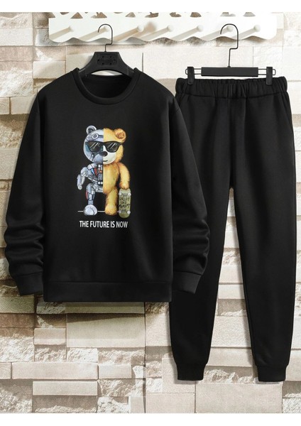 Robot Ayı Eşofman Takımı Sweatshirt Jogger - Siyah Baskılı Oversize Şardonlu Bisiklet Yaka