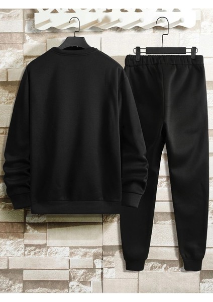 Robot Ayı Eşofman Takımı Sweatshirt Jogger - Siyah Baskılı Oversize Şardonlu Bisiklet Yaka