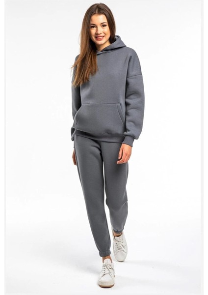 Basic Düz Eşofman Takımı Sweatshirt Jogger - Füme Oversize Şardonlu Kapüşonlu