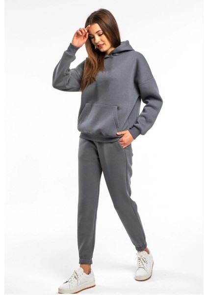 Basic Düz Eşofman Takımı Sweatshirt Jogger - Füme Oversize Şardonlu Kapüşonlu