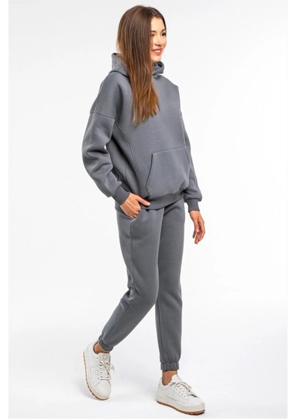 Basic Düz Eşofman Takımı Sweatshirt Jogger - Füme Oversize Şardonlu Kapüşonlu
