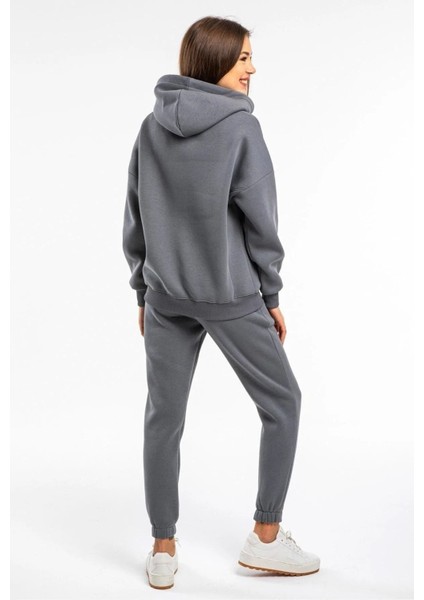 Basic Düz Eşofman Takımı Sweatshirt Jogger - Füme Oversize Şardonlu Kapüşonlu