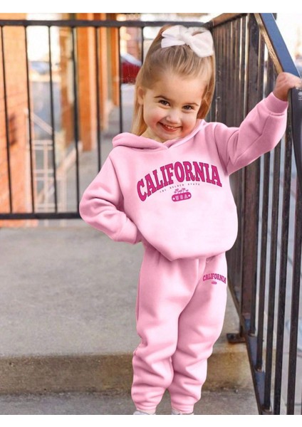 California Baskılı Pamuk Çocuk Kapüşonlu Takım - Pembe Jogger Baskılı Kız Erkek Çocuk