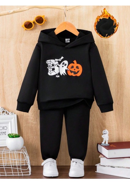 Çocuk Hallowen Baskılı Siyah Eşofman Takımı- Kapüşonlu