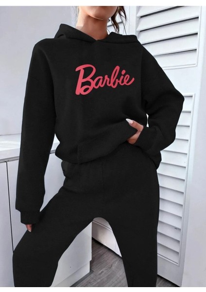 Barbie Eşofman Takımı Unisex Sweatshirt Jogger - Siyah Baskılı Oversize Şardonlu Kapüşonlu