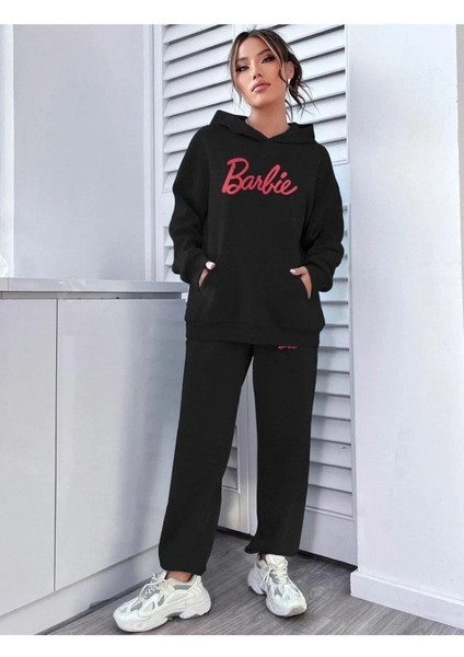 Barbie Eşofman Takımı Unisex Sweatshirt Jogger - Siyah Baskılı Oversize Şardonlu Kapüşonlu
