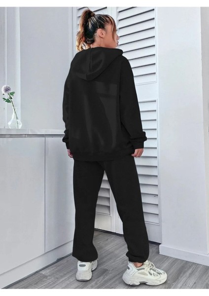 Barbie Eşofman Takımı Unisex Sweatshirt Jogger - Siyah Baskılı Oversize Şardonlu Kapüşonlu