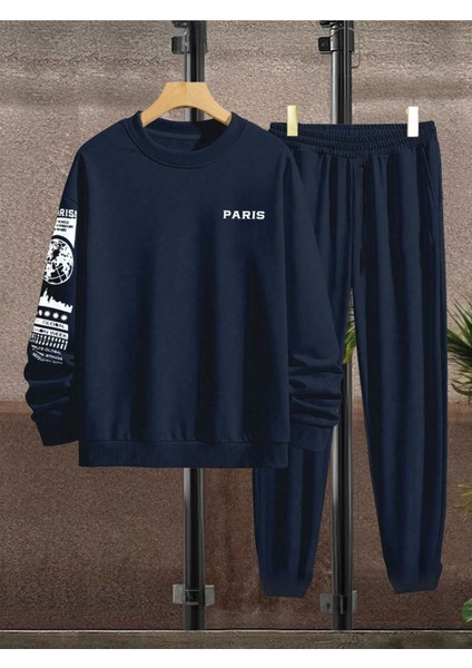 Paris Web Eşofman Takımı Sweatshirt Jogger - Lacivert Baskılı Oversize Şardonlu Bisiklet Yaka