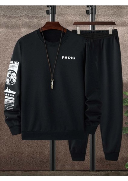 Paris Web Eşofman Takımı Sweatshirt Jogger - Siyah Baskılı Oversize Şardonlu Bisiklet Yaka