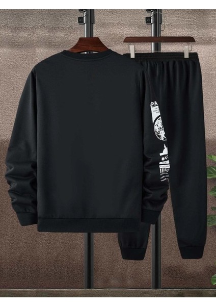 Paris Web Eşofman Takımı Sweatshirt Jogger - Siyah Baskılı Oversize Şardonlu Bisiklet Yaka