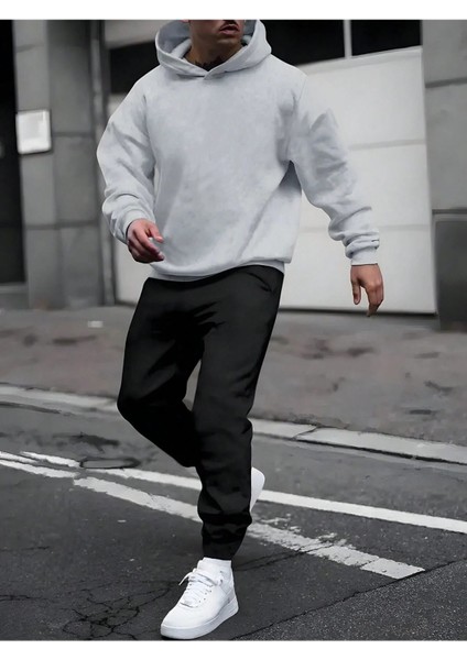 Basic Düz Eşofman Takımı Gri Sweatshirt Siyah Jogger - Oversize Şardonlu Kapüşonlu
