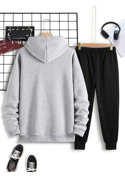 Basic Düz Eşofman Takımı Gri Sweatshirt Siyah Jogger - Oversize Şardonlu Kapüşonlu