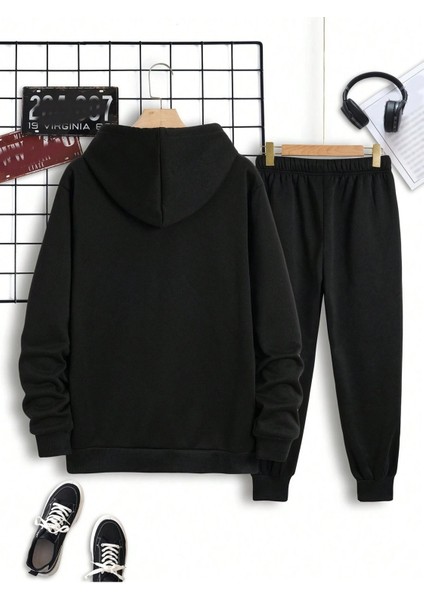 Los Angeles California Eşofman Takımı Sweatshirt Jogger - Siyah Baskılı Oversize Şardonlu Kapüşonlu
